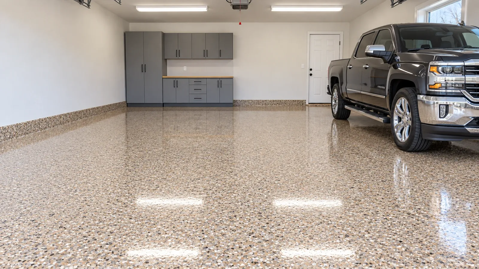 Illustrative same garage with a granite-grey coated floor