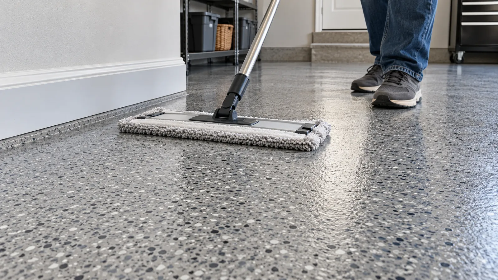 Microfiber mop cleaning a granite-grey flake floor