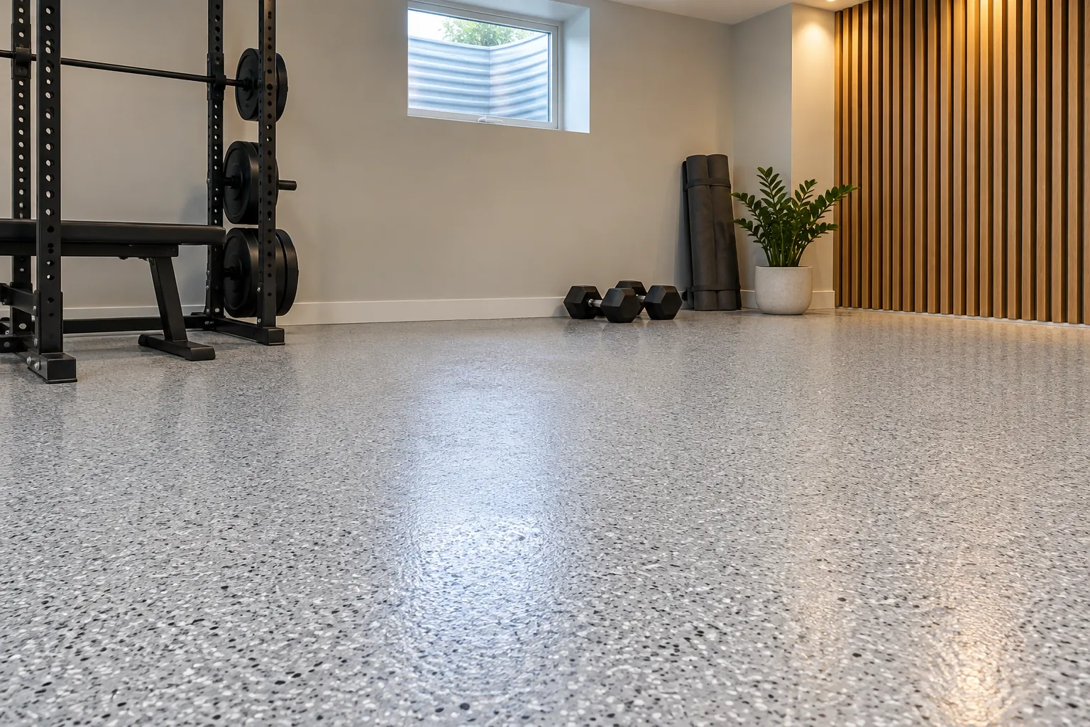 Basement home gym with a pale-grey coated floor