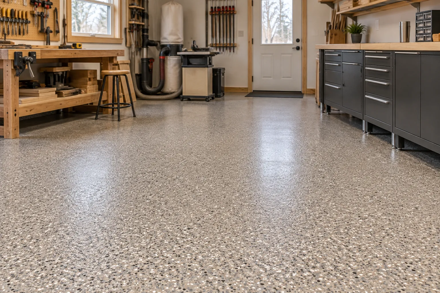 Workshop with a warm-grey flake epoxy floor