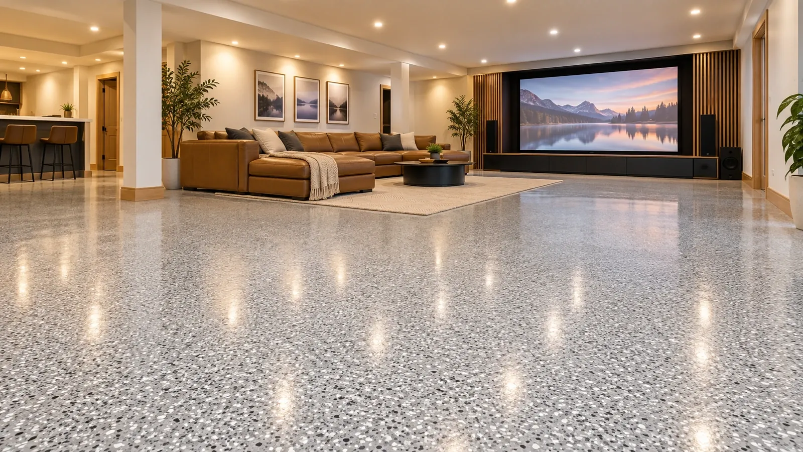 Illustrative basement with a coated floor