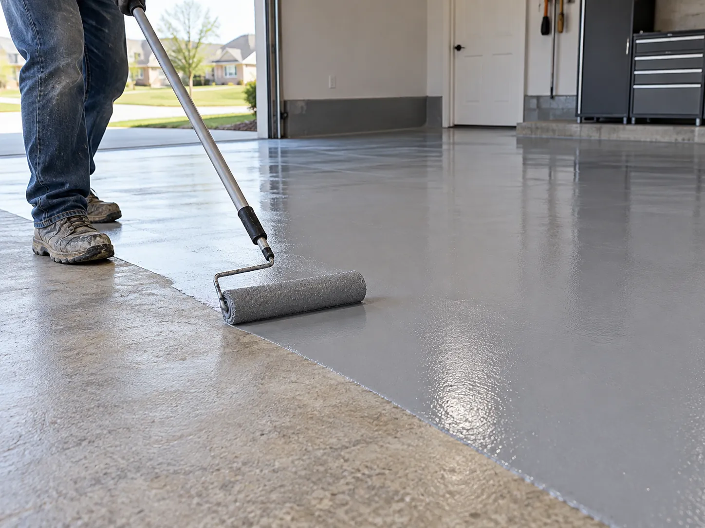 Installer rolling a uniform grey basecoat