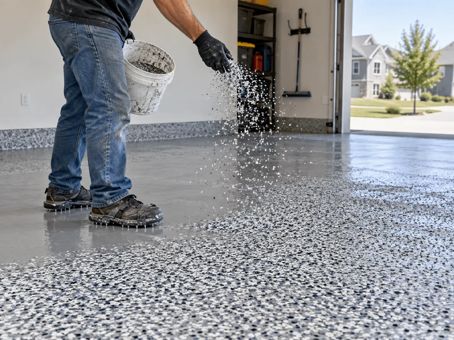 Installer broadcasting vinyl flakes over a basecoat