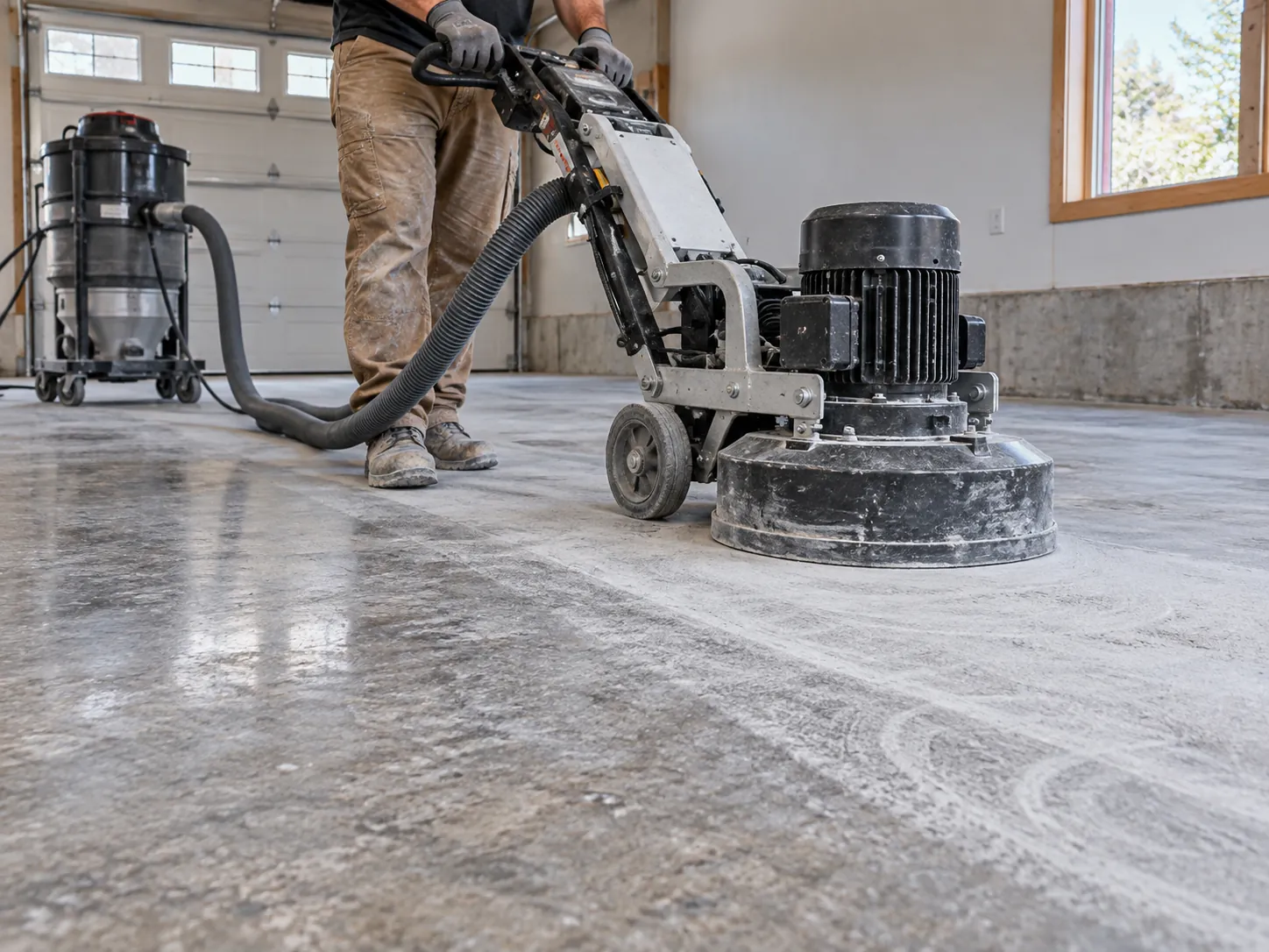 Floor grinder profiling concrete with dust extraction
