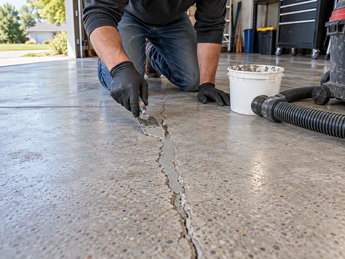 Installer repairing a prepared concrete crack